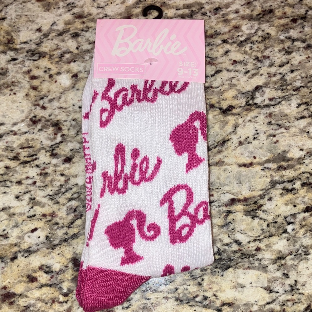 Barbie Crew Socks Pink & White Logo Print Women New